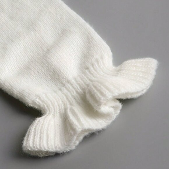 White Casual Women's Autumn/Winter Solid Color Frilled Edge V-Neck Sweater - Picture 3 of 6